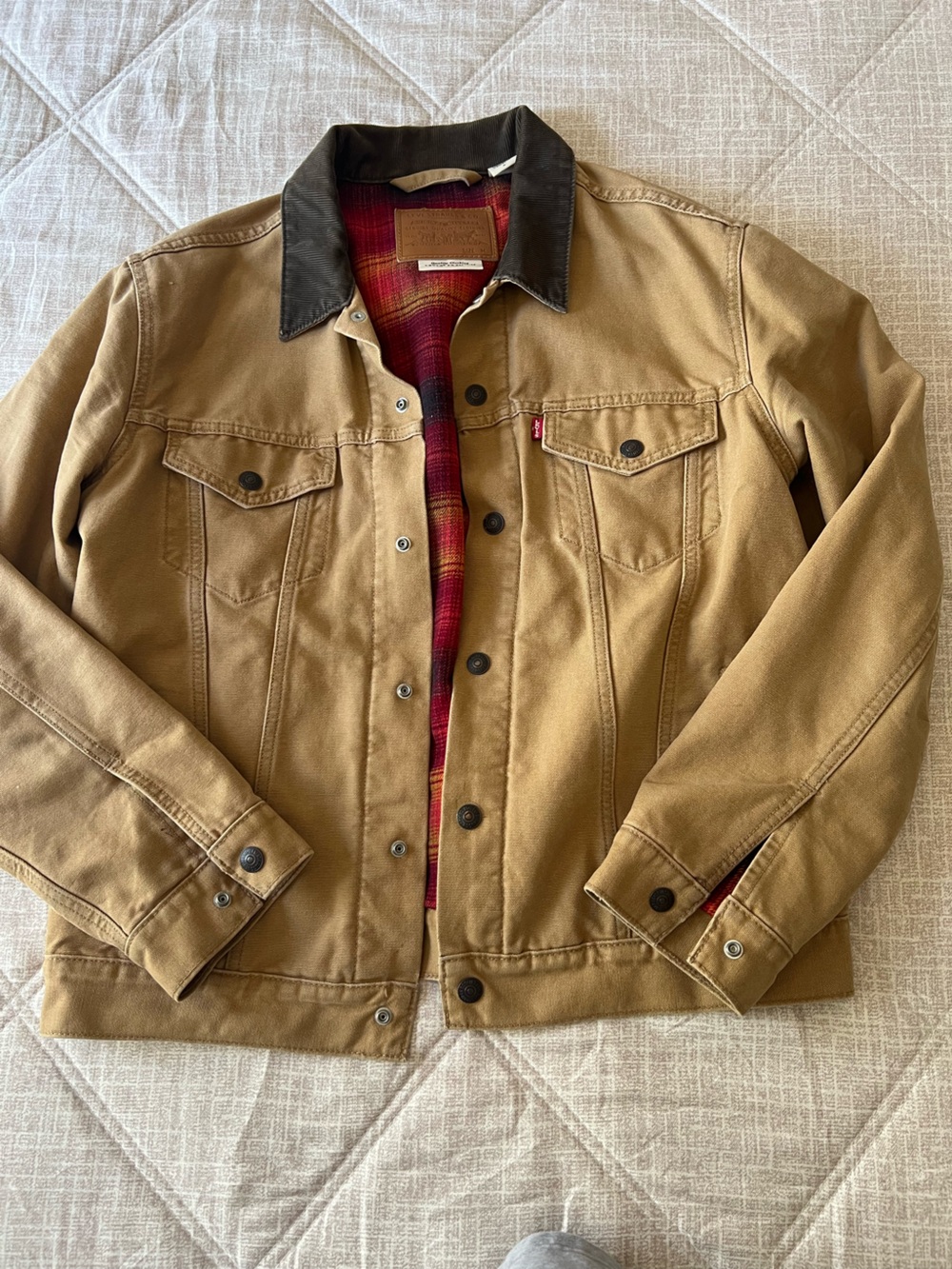 Levi's Tan Canvas Jacket with Black Corduroy Collar and Red Plaid Lining